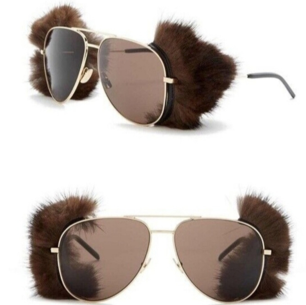 Saint Lauren Gold Mink Fur Classic 11 Shields Sunglasses - Picture 1 of 15